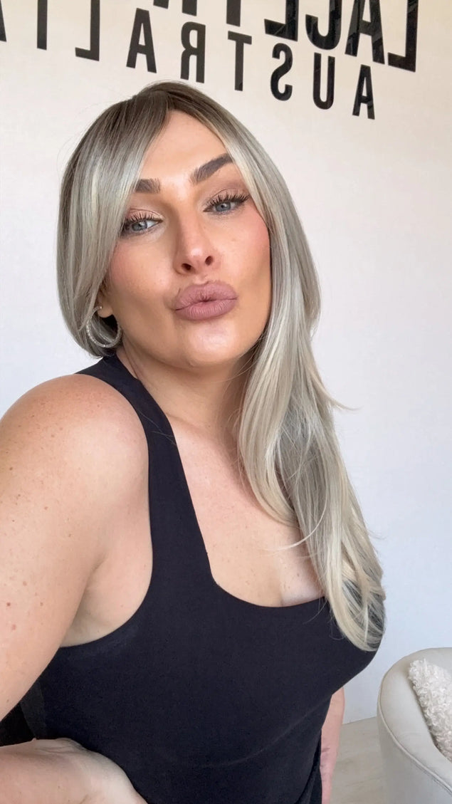 ash blonde ombre synthetic wig australia, heat safe hair with middle part and curtain bangs.
