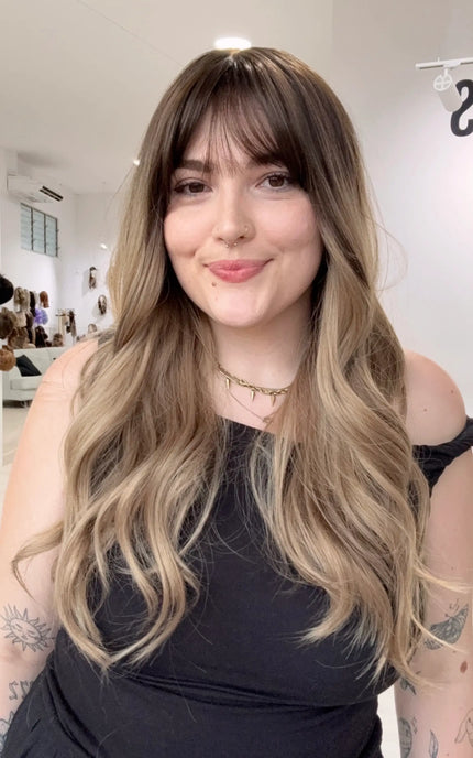 heat safe synthetic wig, middle part with fringe, ash blonde ombre hair.
