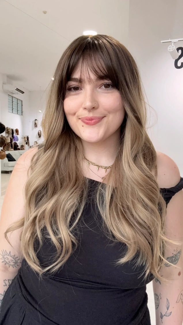 heat safe synthetic wig, middle part with fringe, ash blonde ombre hair.