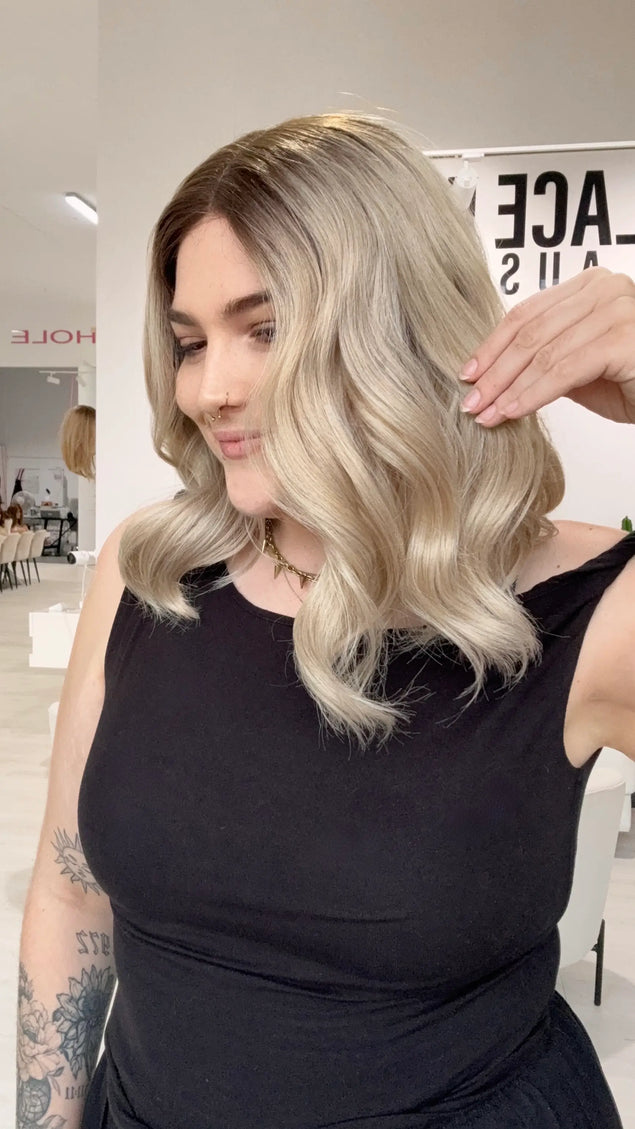 ready to wear ash blonde wavy wig. glueless heat safe wig. gold coast, australia.