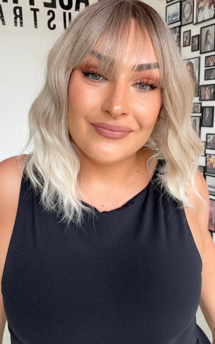 heat safe synthetic fringe wig, wavy ash blonde hair, best synthetics australia.