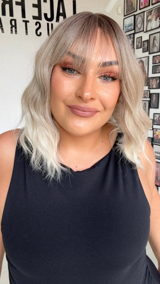 heat safe synthetic fringe wig, wavy ash blonde hair, best synthetics australia.