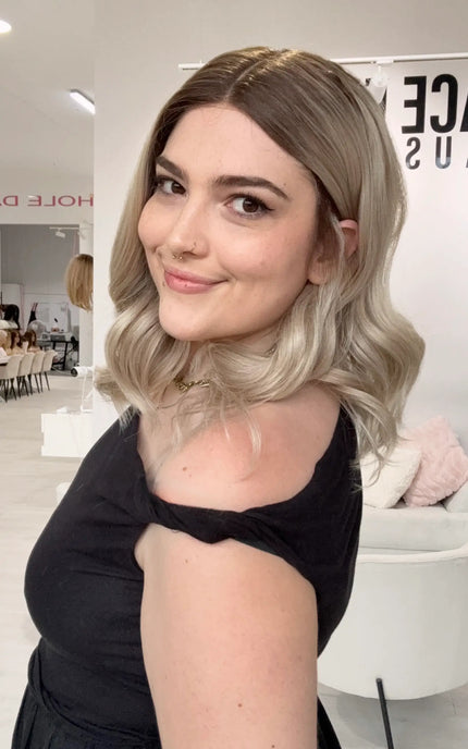 glueless synthetic wig with ash blonde hair. middle part, heat safe wig. gold coast australia.