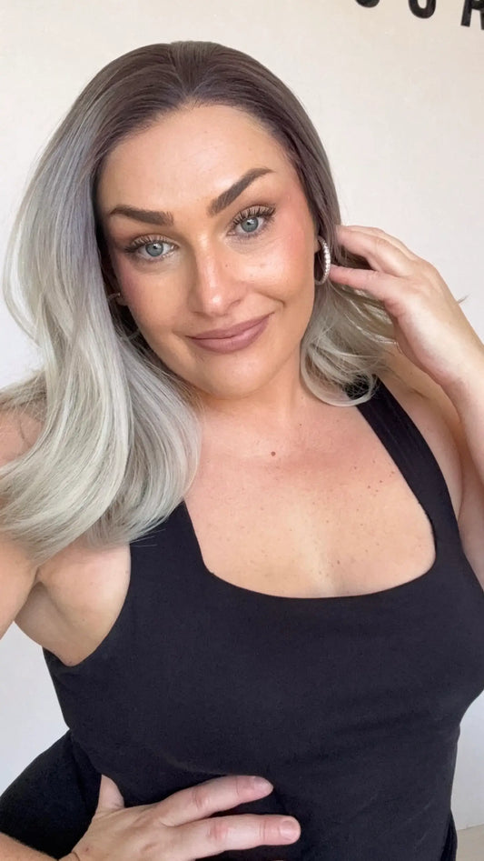 heat safe lace front synthetic ash with dark root.