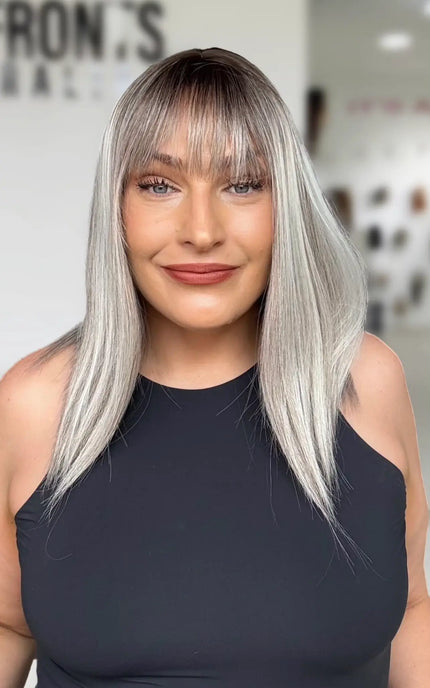 ash grey highlighted straight hair long bob with middle part and wispy soft fringe. 16 inch length.