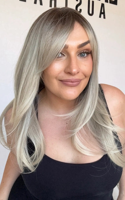 synthetic heat safe wig, middle part with curtain bangs and layers