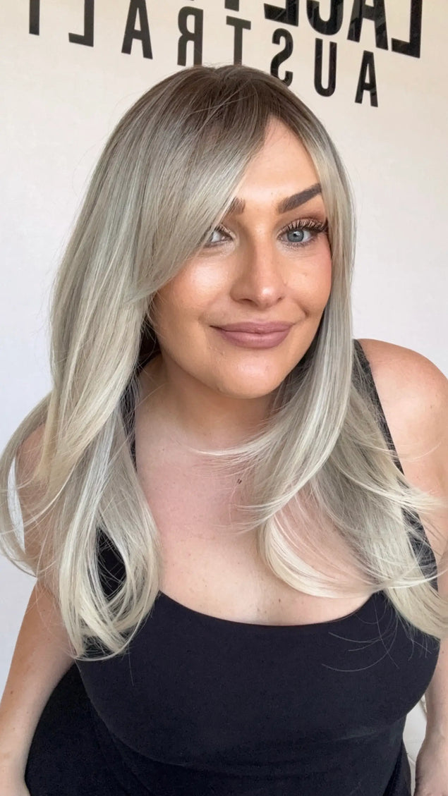 synthetic heat safe wig, middle part with curtain bangs and layers