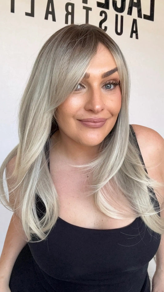 synthetic heat safe wig, middle part with curtain bangs and layers