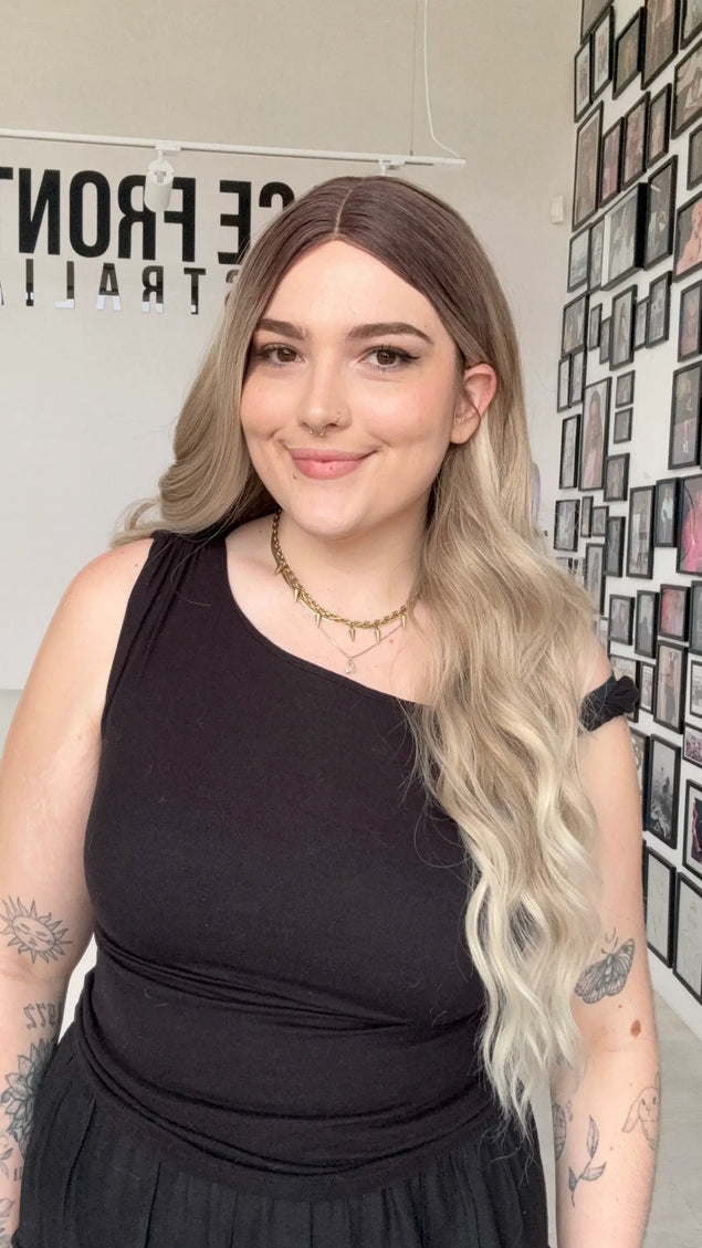 long wavy hair synthetic wig, middle part, glueless wig, gold coast australia.