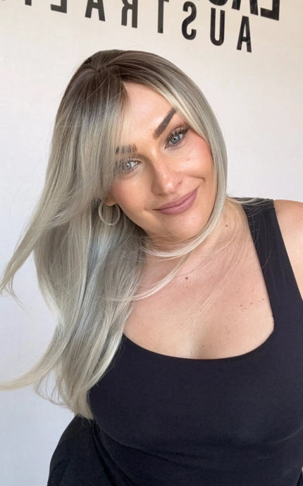 heat safe and glueless synthetic wig australia, middle part with curtain bangs, ash ombre colour hair.