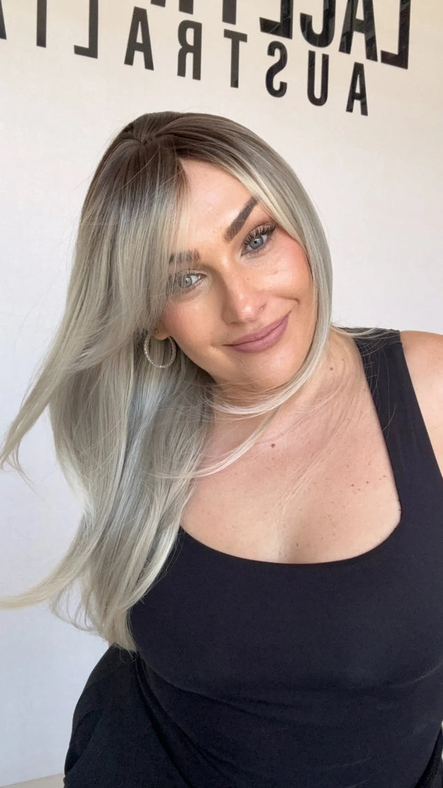 heat safe and glueless synthetic wig australia, middle part with curtain bangs, ash ombre colour hair.