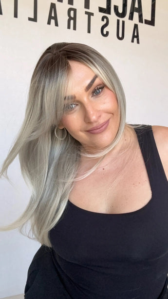 heat safe and glueless synthetic wig australia, middle part with curtain bangs, ash ombre colour hair.
