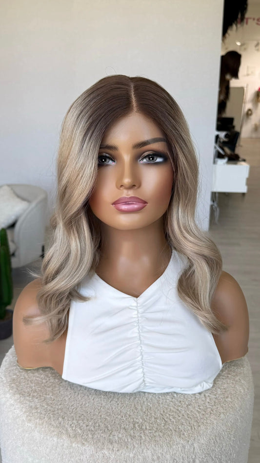 ash beige blonde synthetic, heat safe wig, middle to slight side part, dark root to blonde colour. australia synthetic wigs.