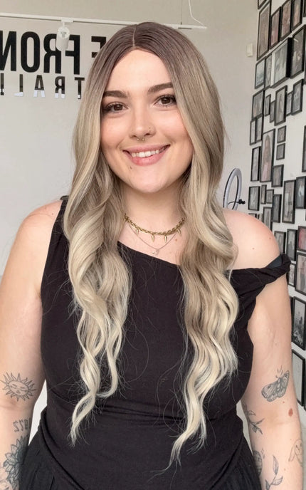 heat safe synthetic, ash ombre hair colour, middle part, long wavy hair.