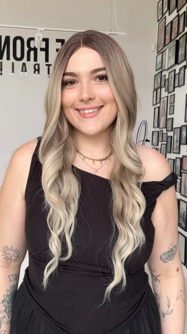 heat safe synthetic, ash ombre hair colour, middle part, long wavy hair.