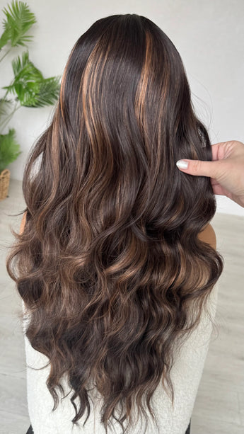 back of long brunette hair, synthetic wig, t-part lacefront wig.