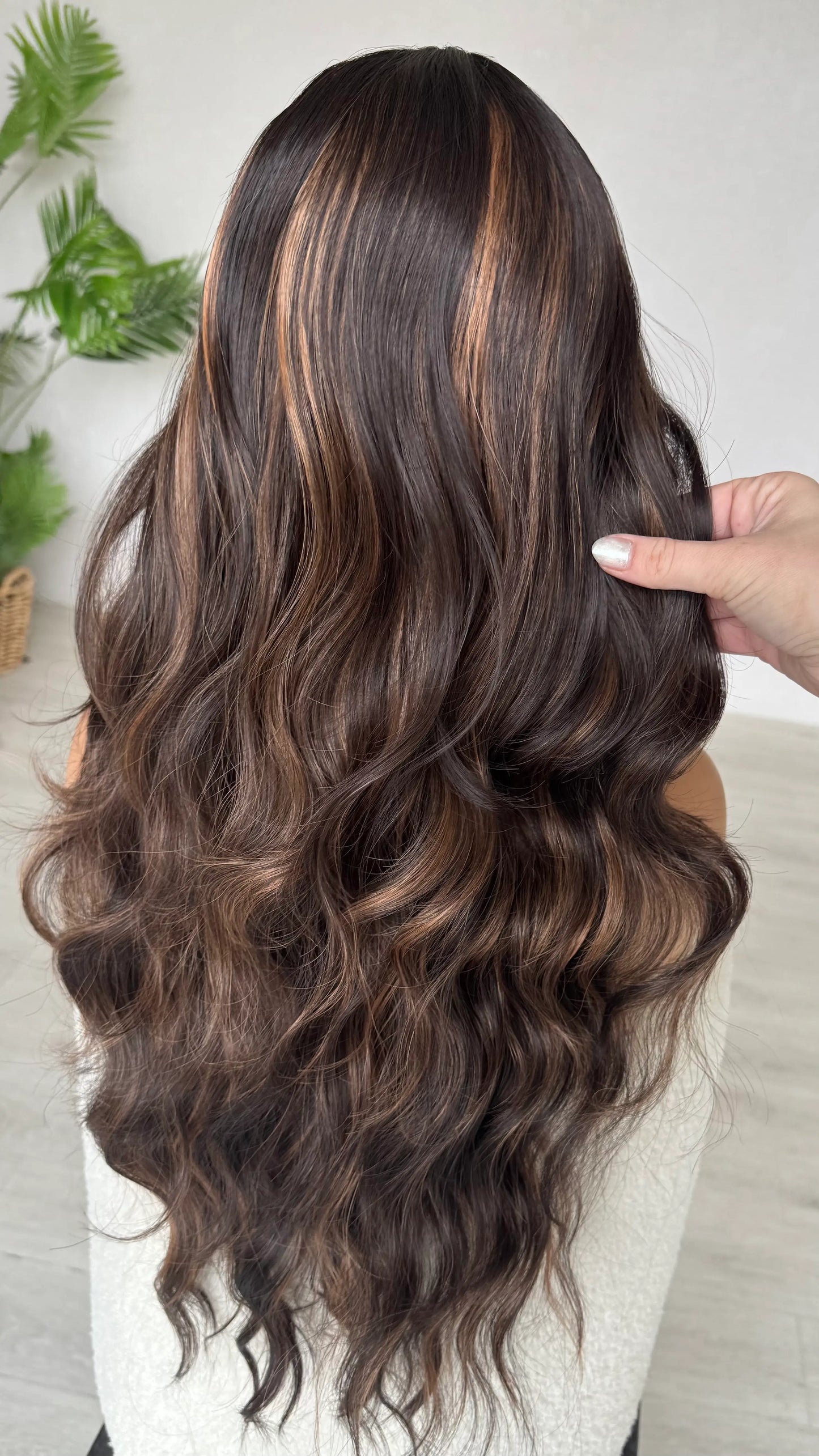 back of long brunette hair, synthetic wig, t-part lacefront wig.