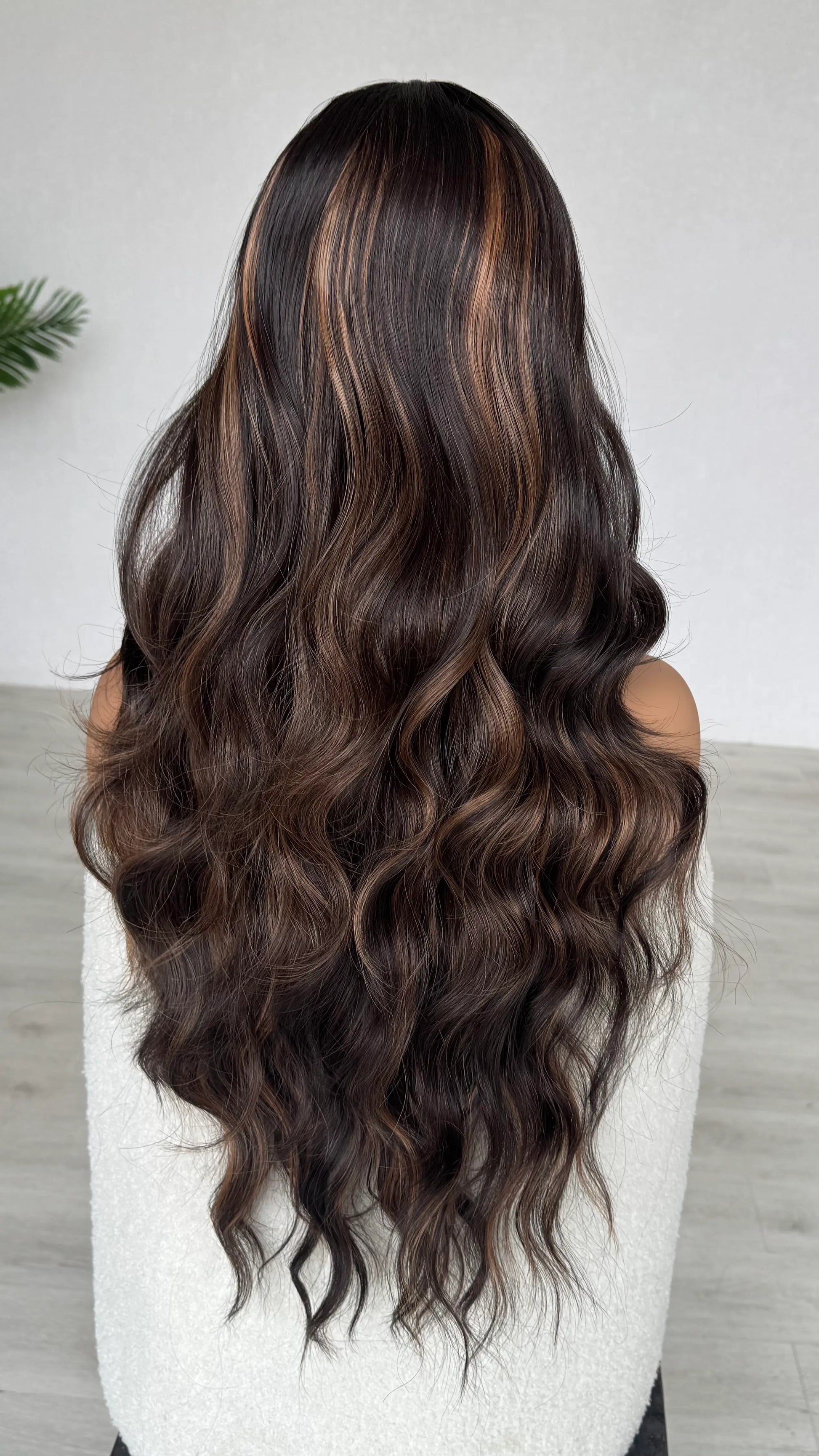 back of hair, long wavy hair with highlights, dark brown hair.