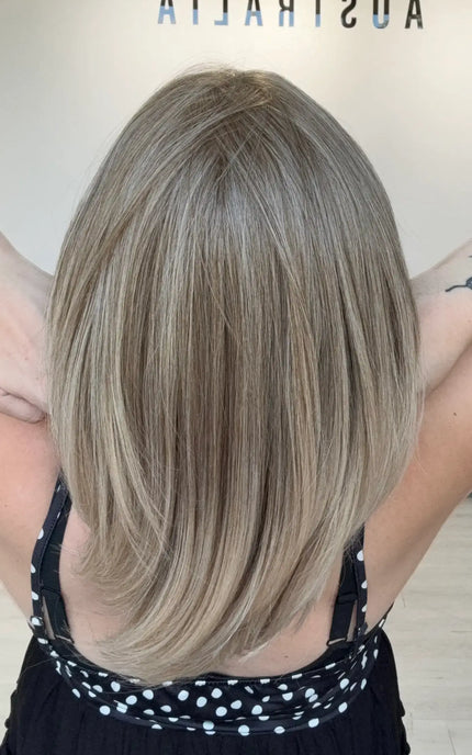 synthetic hair sandy blonde wig with glueless cap and heat safe hair, for hairloss, australia.