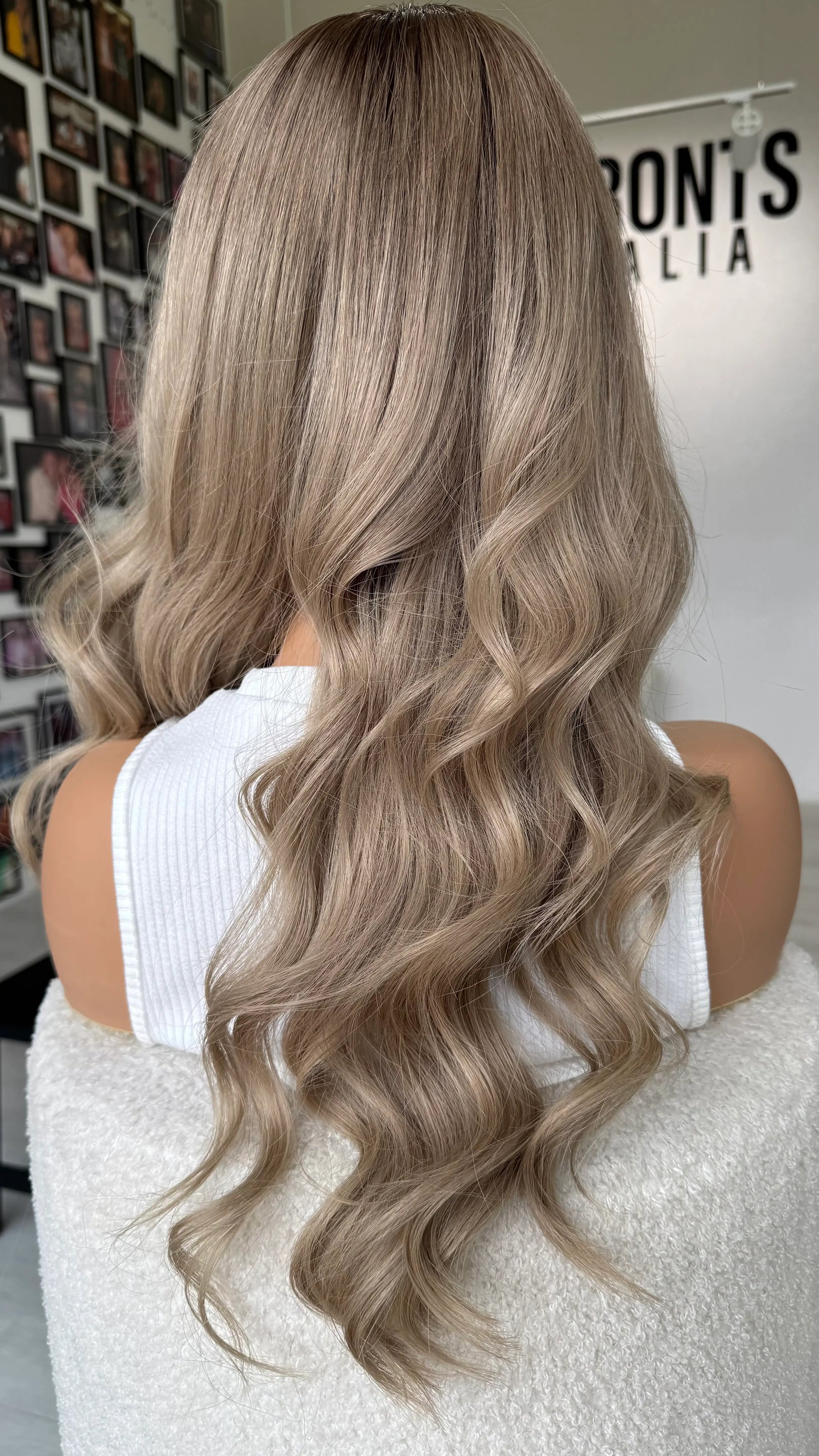 ash blonde hair curled, 22 inches, darker root, samantha colour.