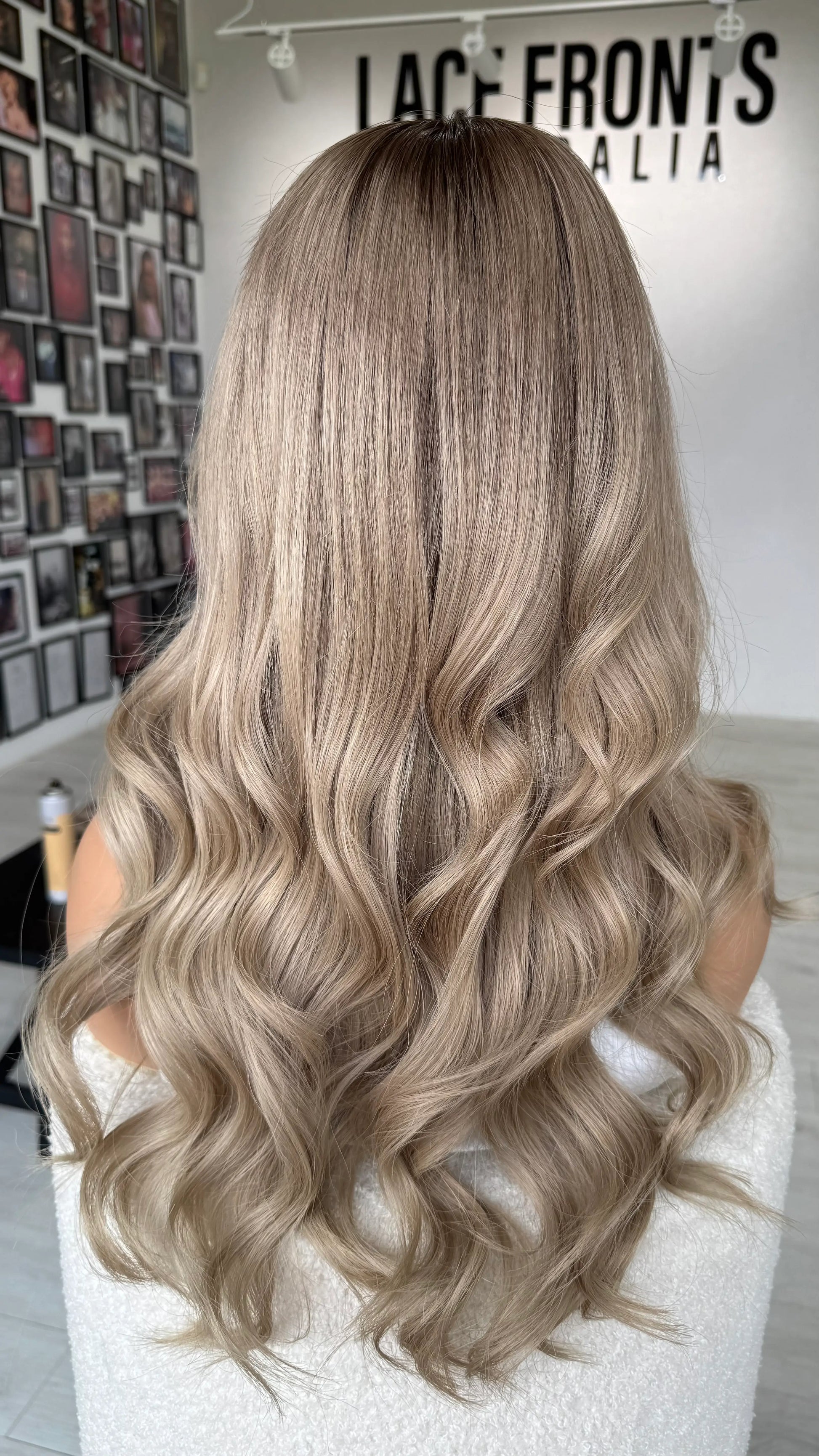 long ash blonde hair from behind, curled hair, lace front wig.