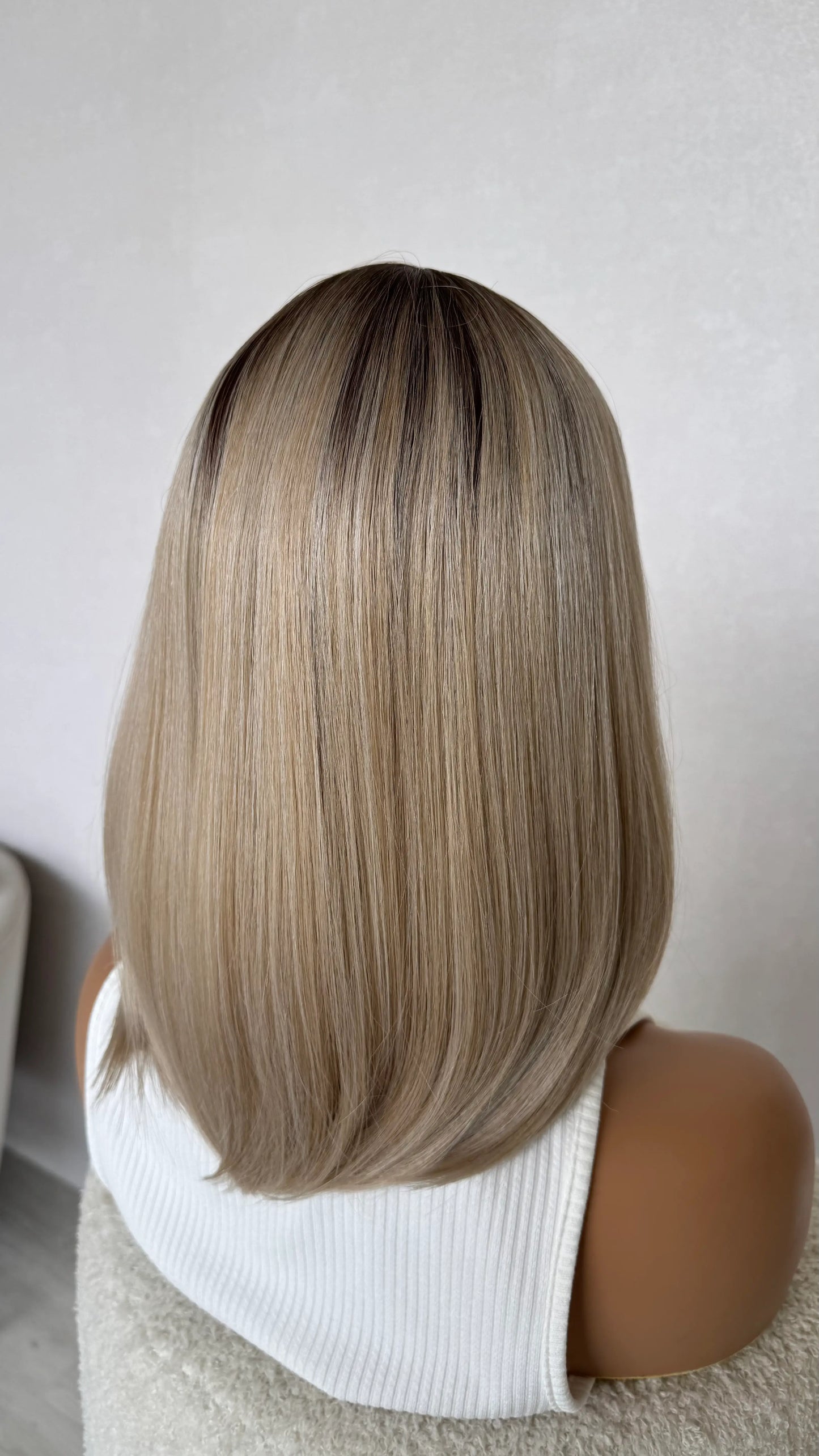ash beige blonde hair bob with darker root, heat safe synthetic wig australia.