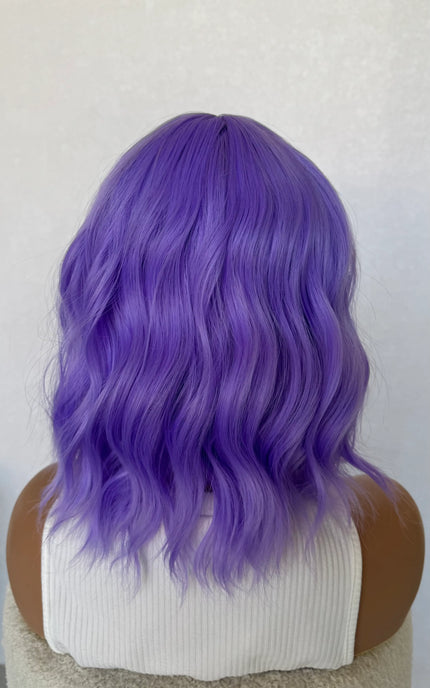 back view, purple wavy hair wig