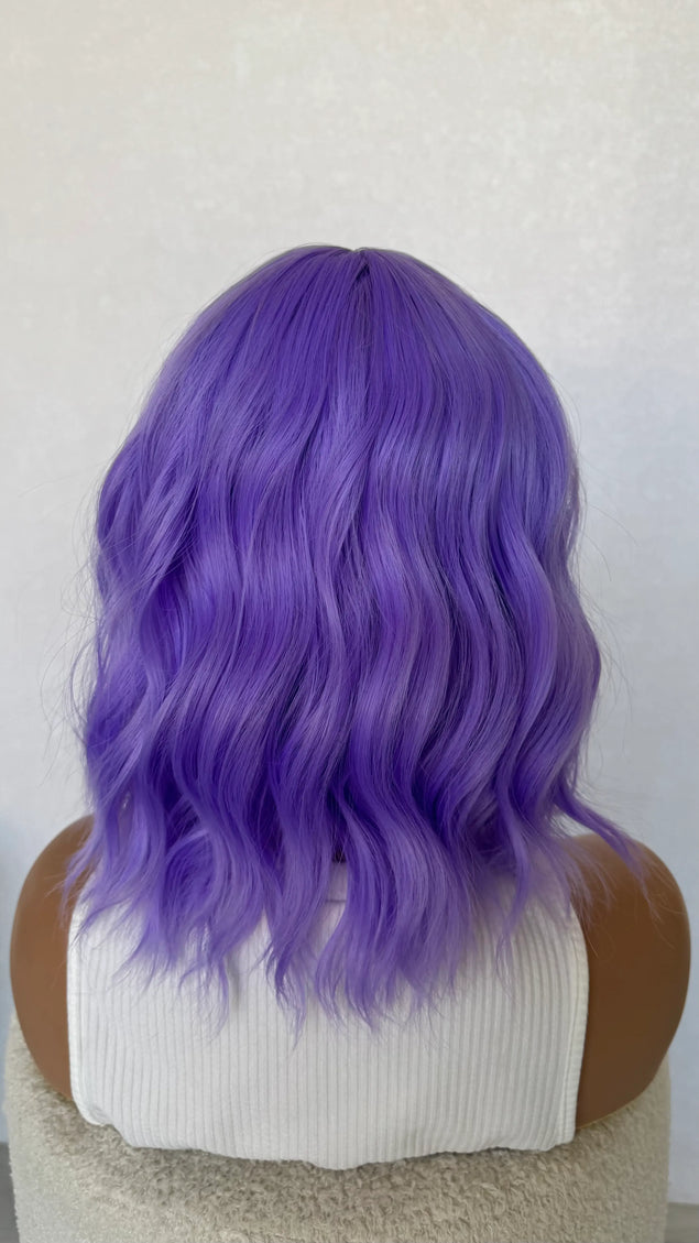 back view, purple wavy hair wig