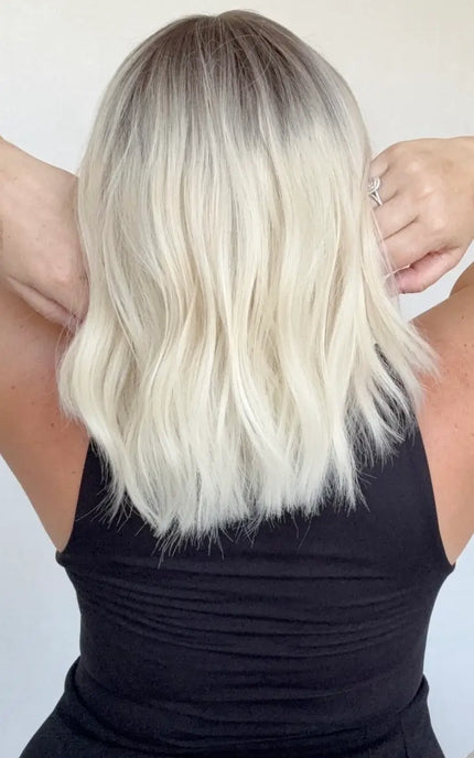 platinum blonde hair dark root, middle part wavy fringe synthetic wig.