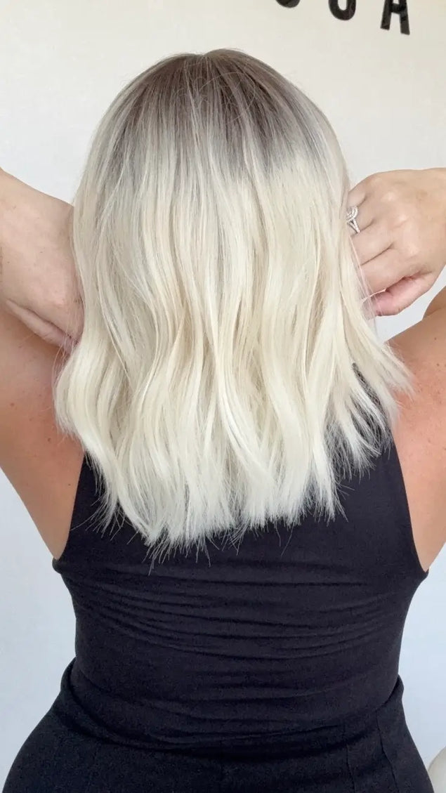 platinum blonde hair dark root, middle part wavy fringe synthetic wig.