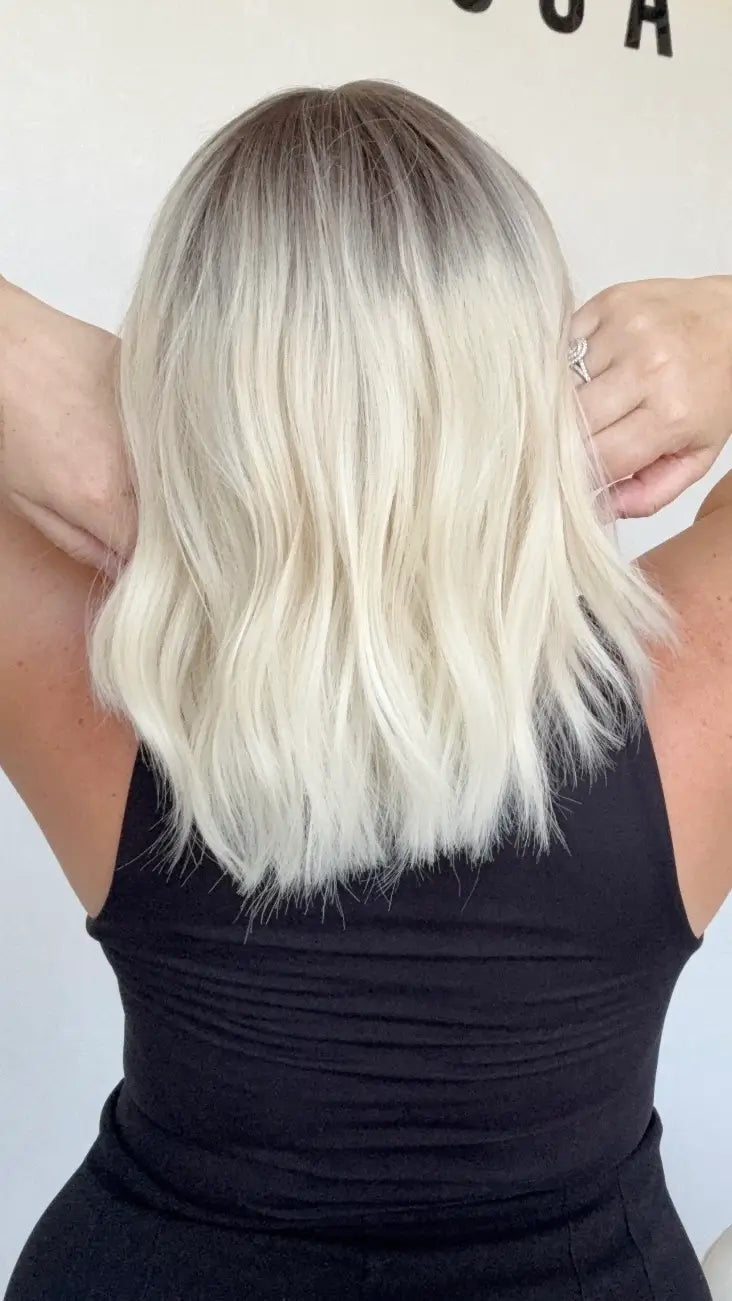 platinum blonde hair dark root, middle part wavy fringe synthetic wig.