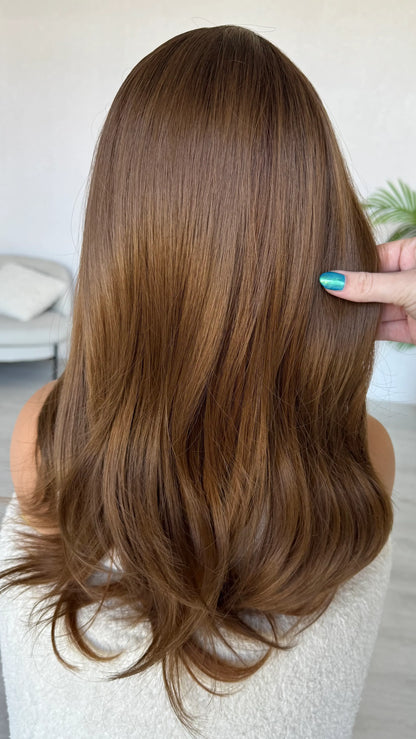 heat safe synthetic from behind, holding the long brunette hair, australia wigs.