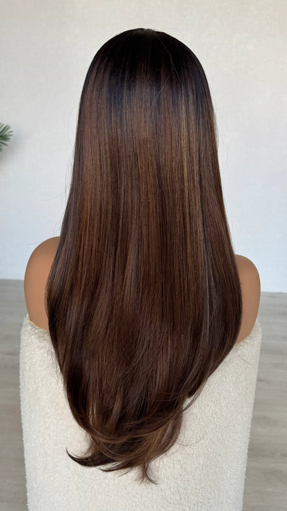 back view, long straight hair, brunette ombre, dark root to warm copper brown. layered lacefront wig australia.