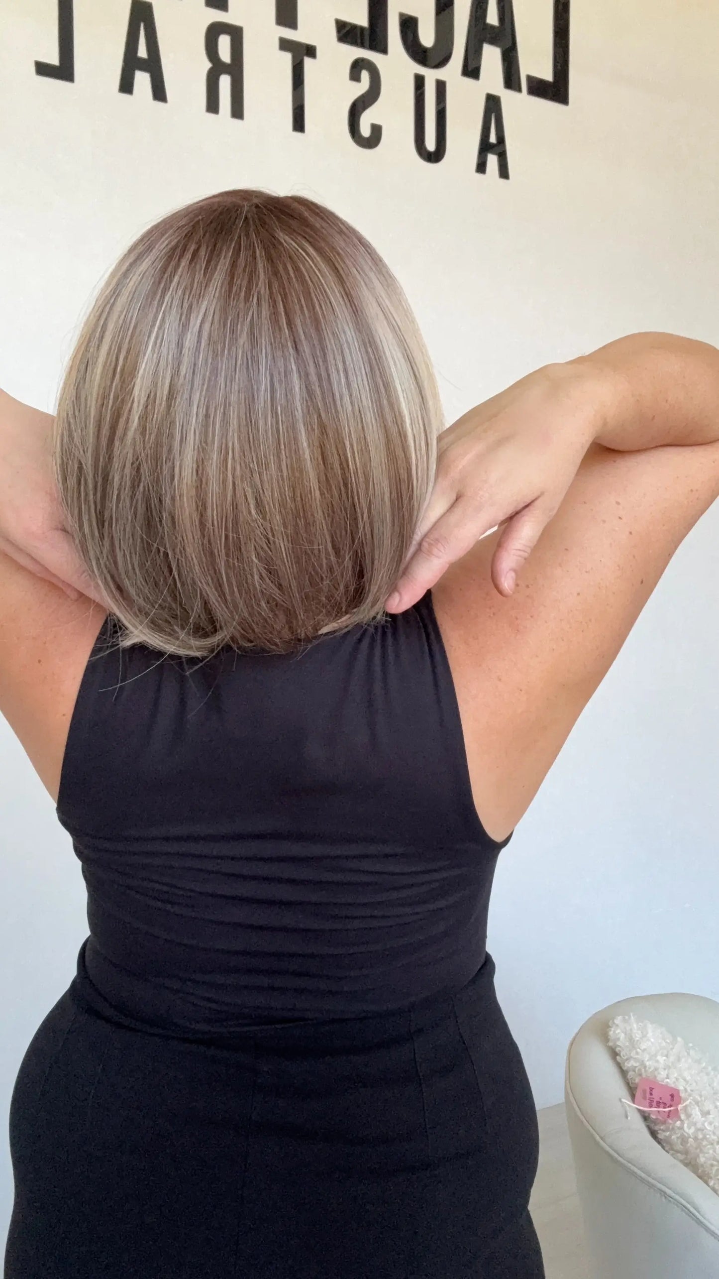 highlighted brunette bob back view, left side parting. gold coast austraia.