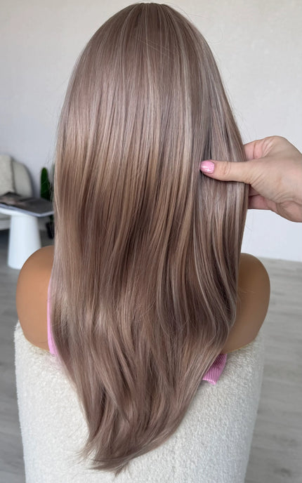 back view holding long lilac hair, heat safe synthetic wig australia.
