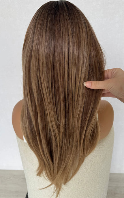 back view holding the hair, layered ombre synthetic wig australia.