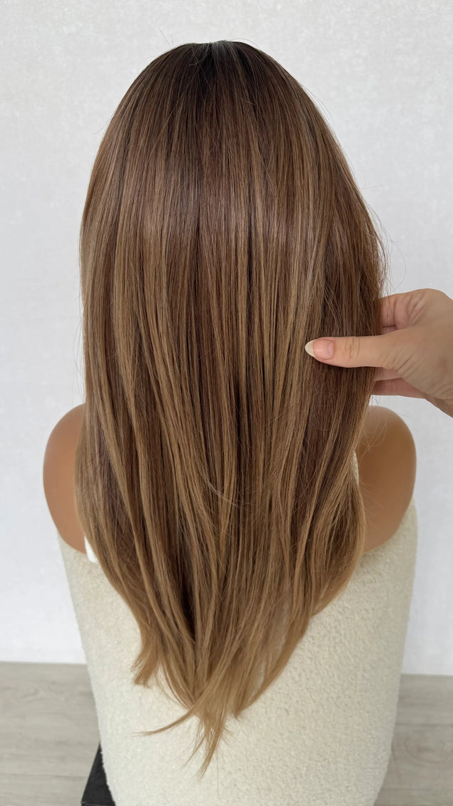 back view holding the hair, layered ombre synthetic wig australia.