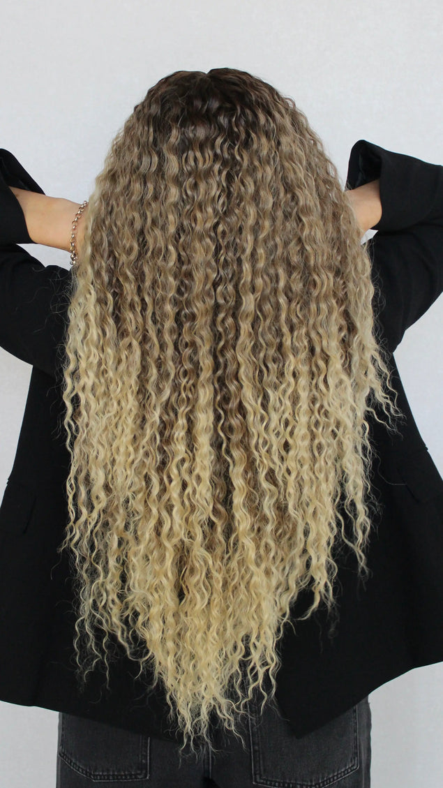 back view, long curly hair, lacefront synthetic wig australia.