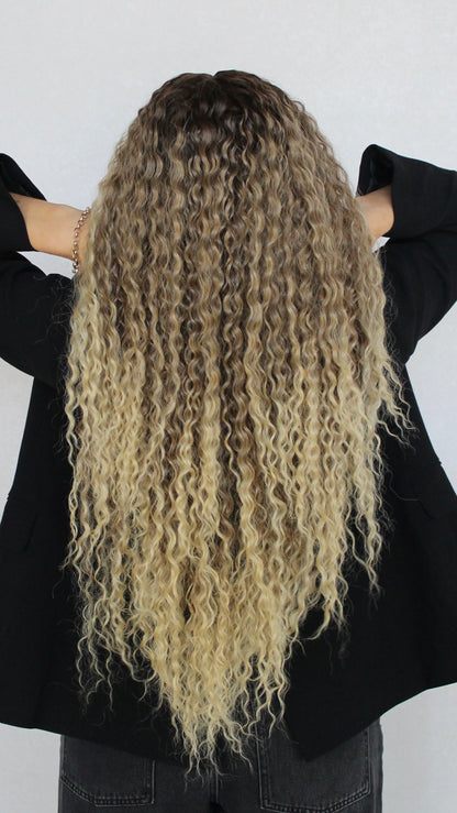 back view, long curly hair, lacefront synthetic wig australia.