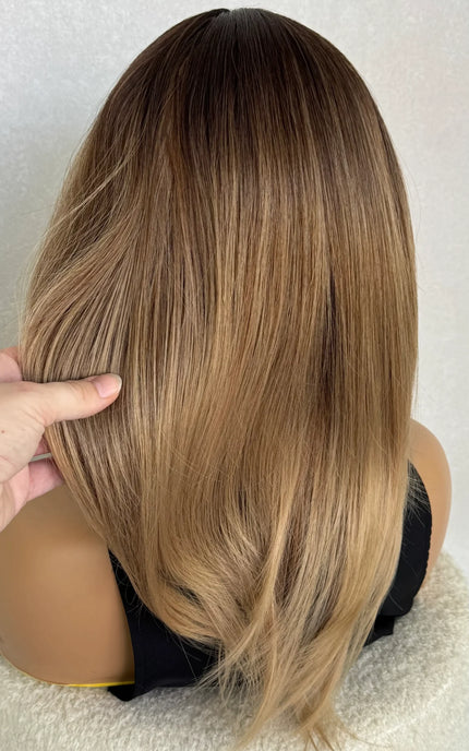 Curtain bang middle part, ombre colour synthetic, heat safe and glueless wig australia.