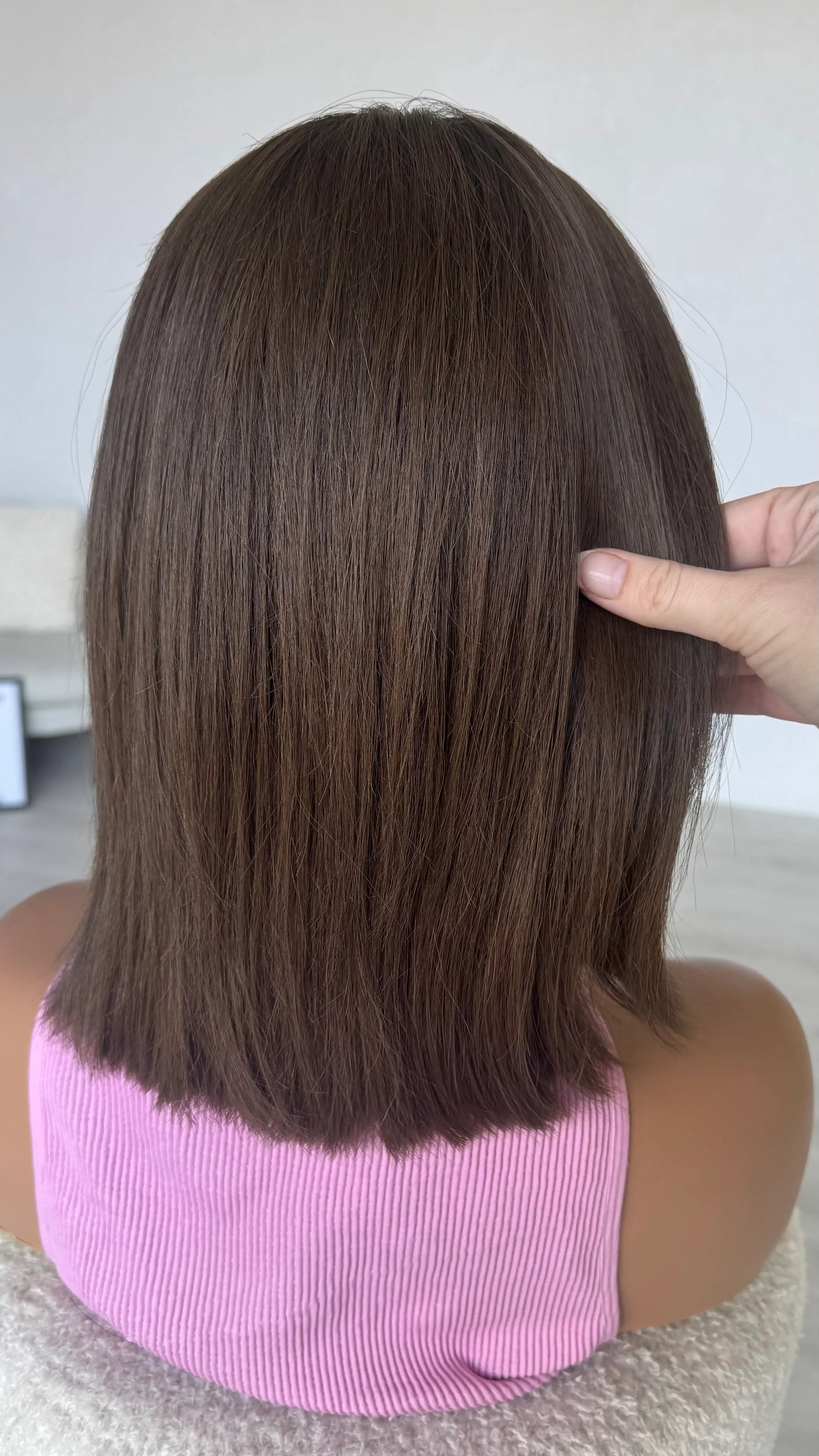 human hair brunette hair wig from behind, 14 inch length long bob wig.