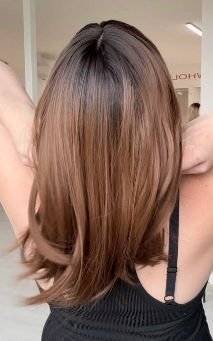 realistic looking long bob brunette wig with fringe for hairloss and alopecia.
