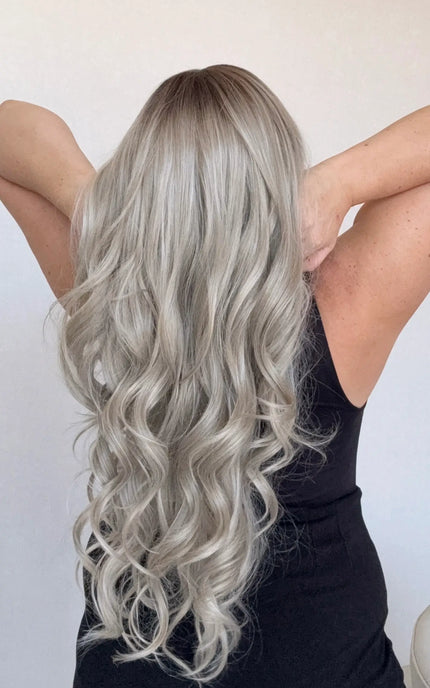 australia synthetic wigs, ash blonde hair curled from back view, long length synthetic hair australia.