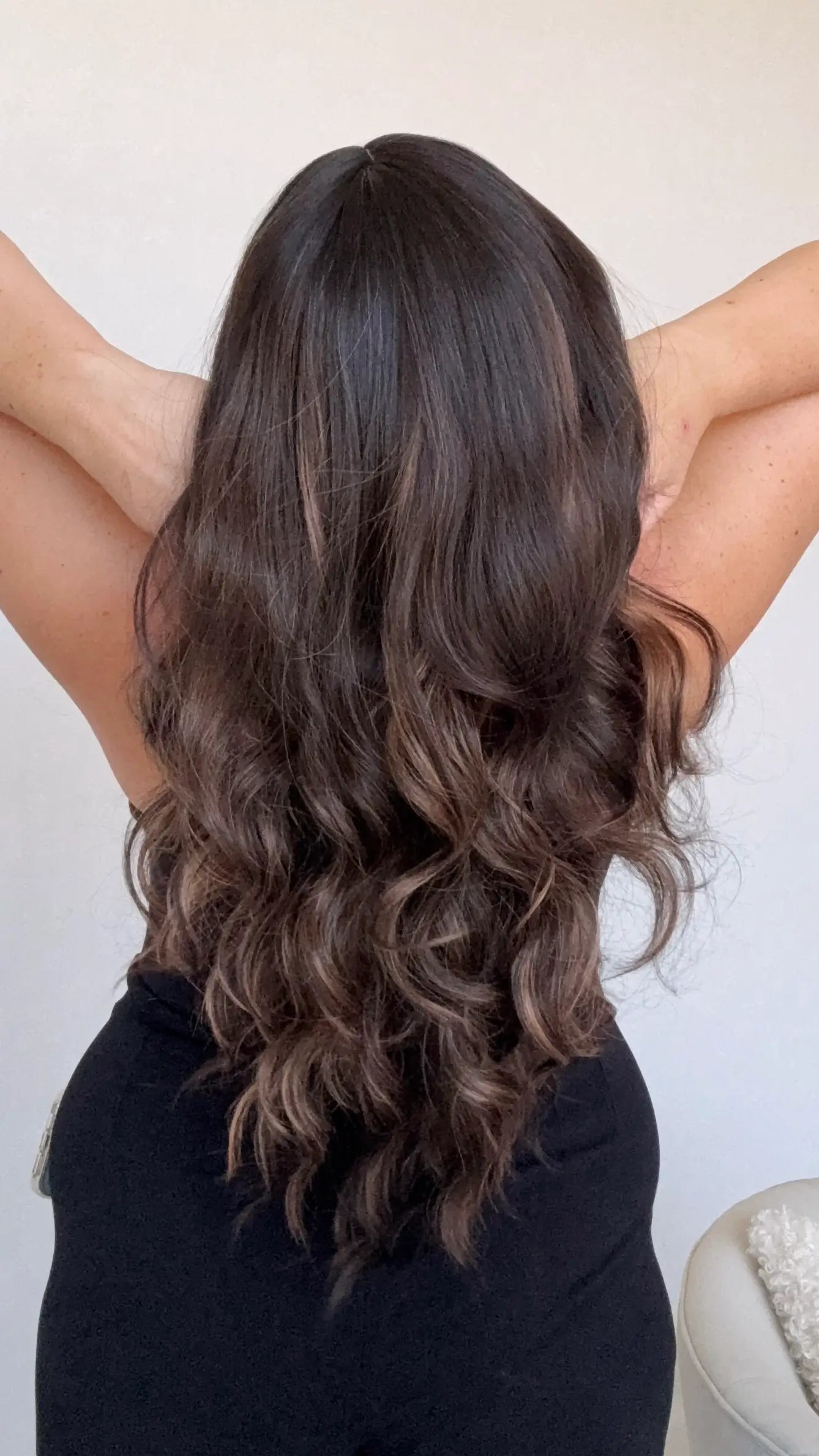 back view long dark hair with highlights, wavy brunette middle part heat safe synthetic wig australia.