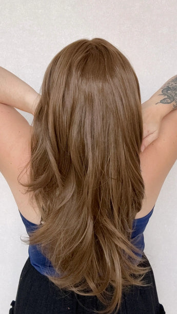 back view long hair layered warm brown hair lace front synthetic wig, gold coast, australia.