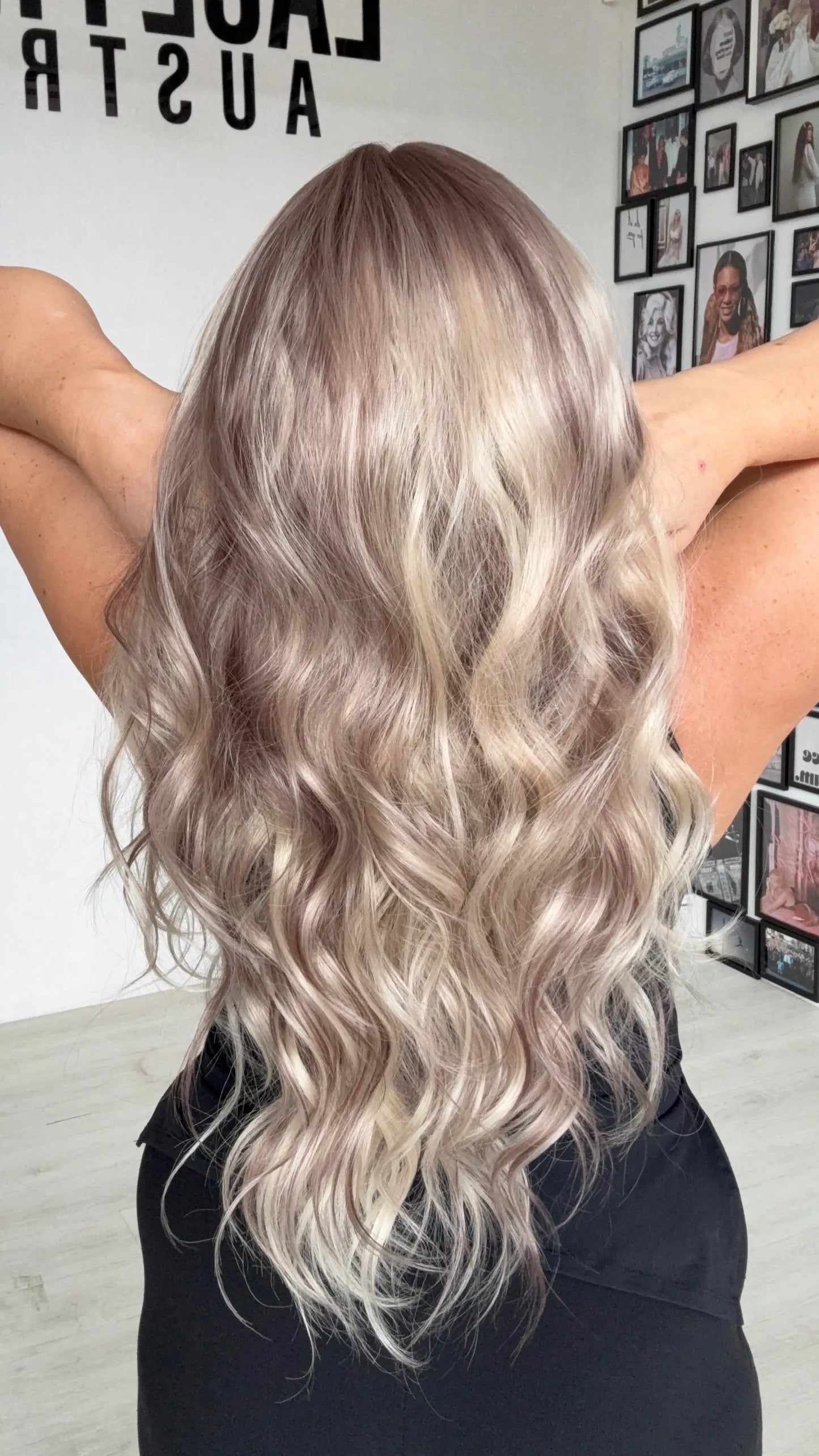 long wavy hair lacefront wig, back view showing length and colour.