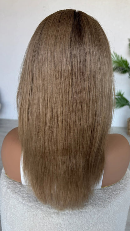 fringe wig from back view, long blonde hair 18 inches, glueless, heat safe australia wigs.