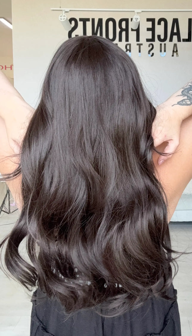 long dark brown wavy hair, heat safe synthetic hair wig for beginners, australia.