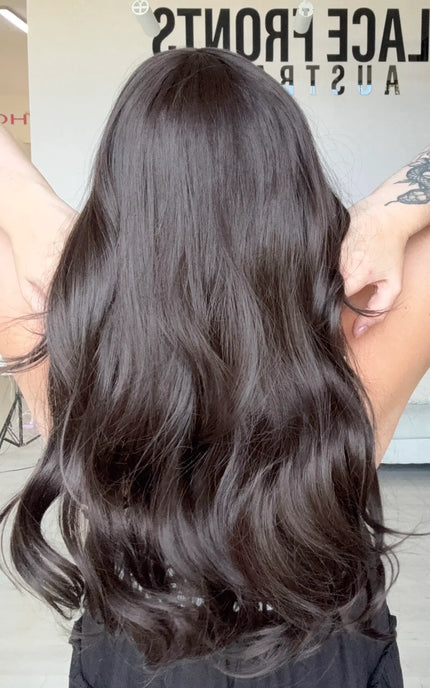 long dark brown wavy hair, heat safe synthetic hair wig for beginners, australia.