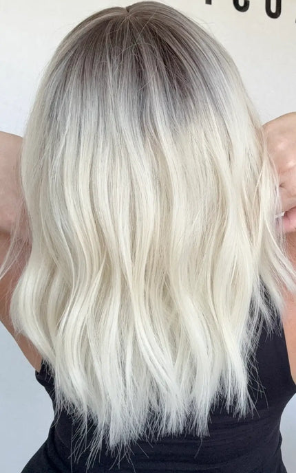 Platinum blonde hair with root, wavy fringe bob synthetic australia.
